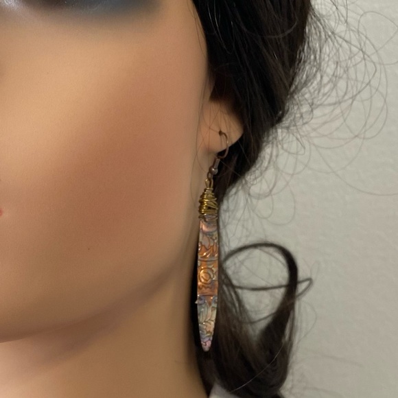 Copper artisan flame painted earrings, boho hand wire wrapped, lightweight - Picture 2 of 2